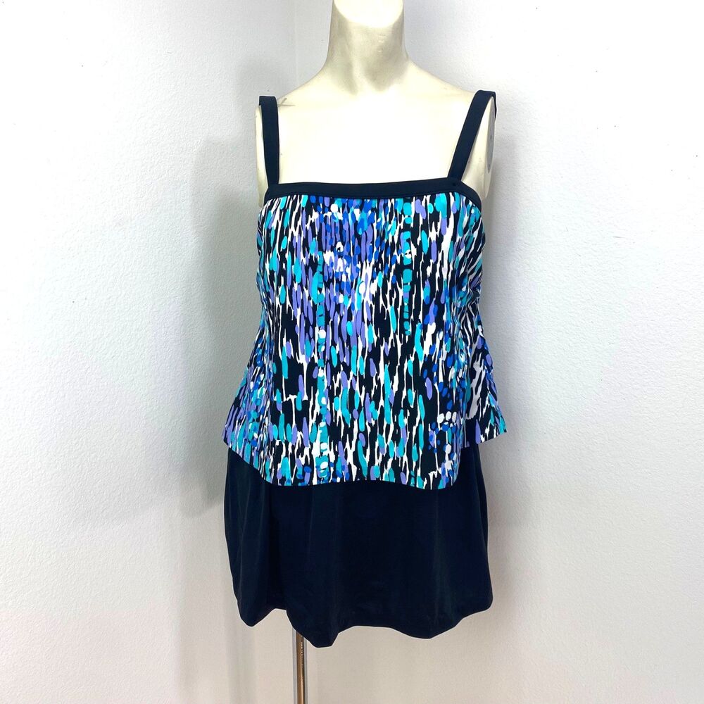 Azul One Piece Swimsuit Size 16 Blue Tank & Black Skirt Lined Adjustable Straps